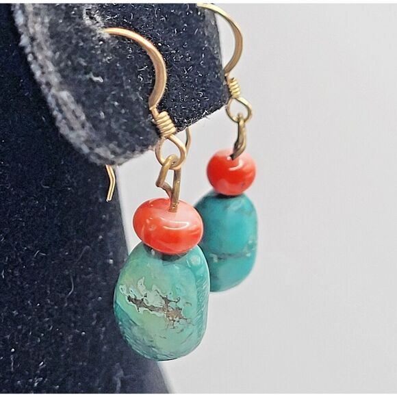 Raw Turquoise & Coral on Gold Fill Hooks Dangle Earrings 1.5in - Picture 1 of 4